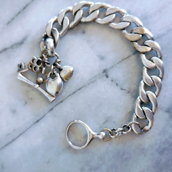 Fossil Bracelet, Chunky, Silver with Rhinestone Charm - Picture 7 of 8